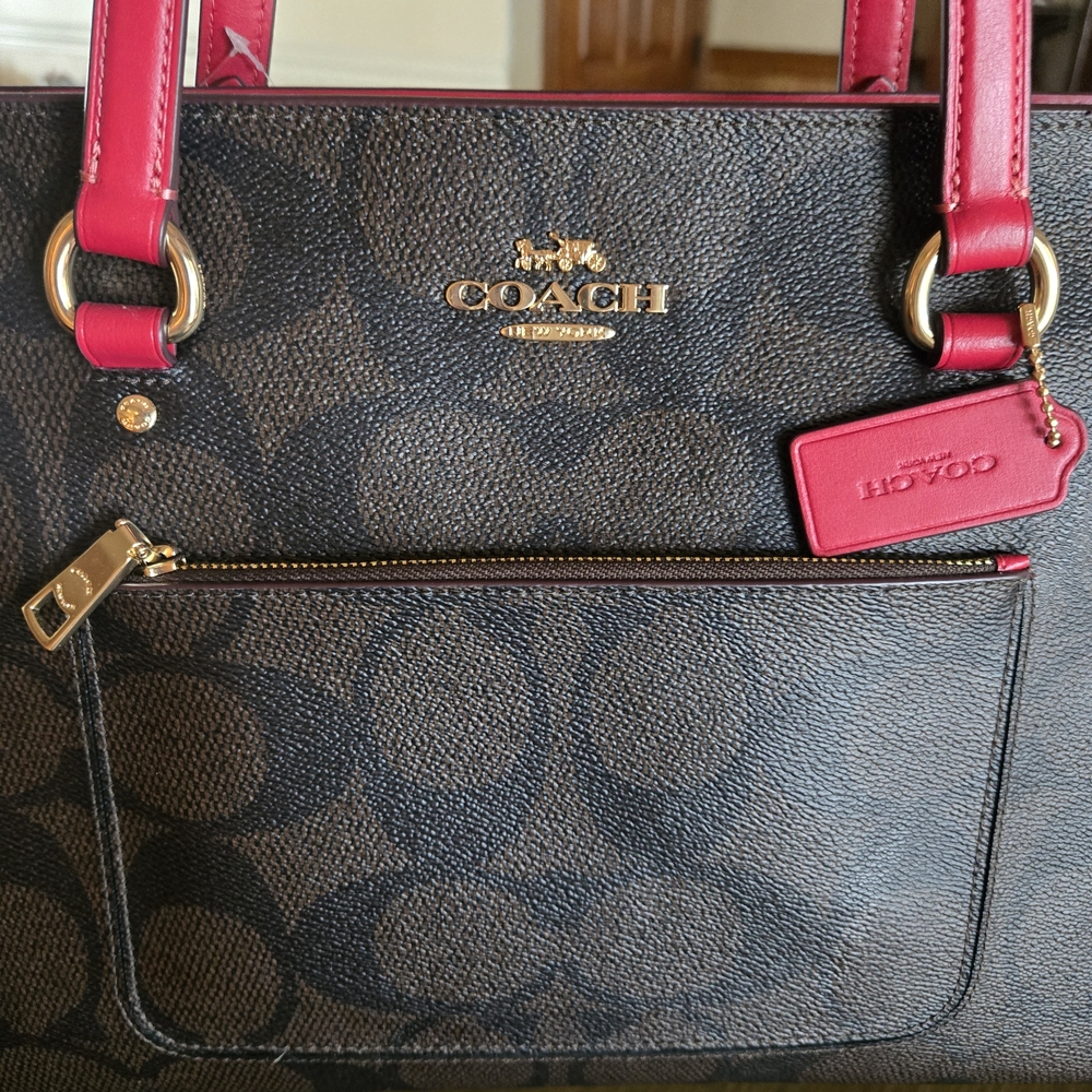 Coach Signature Canvas Tote Bag - Black and Pink